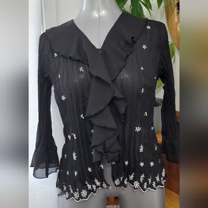 Chic Black Blouse with White Floral Details